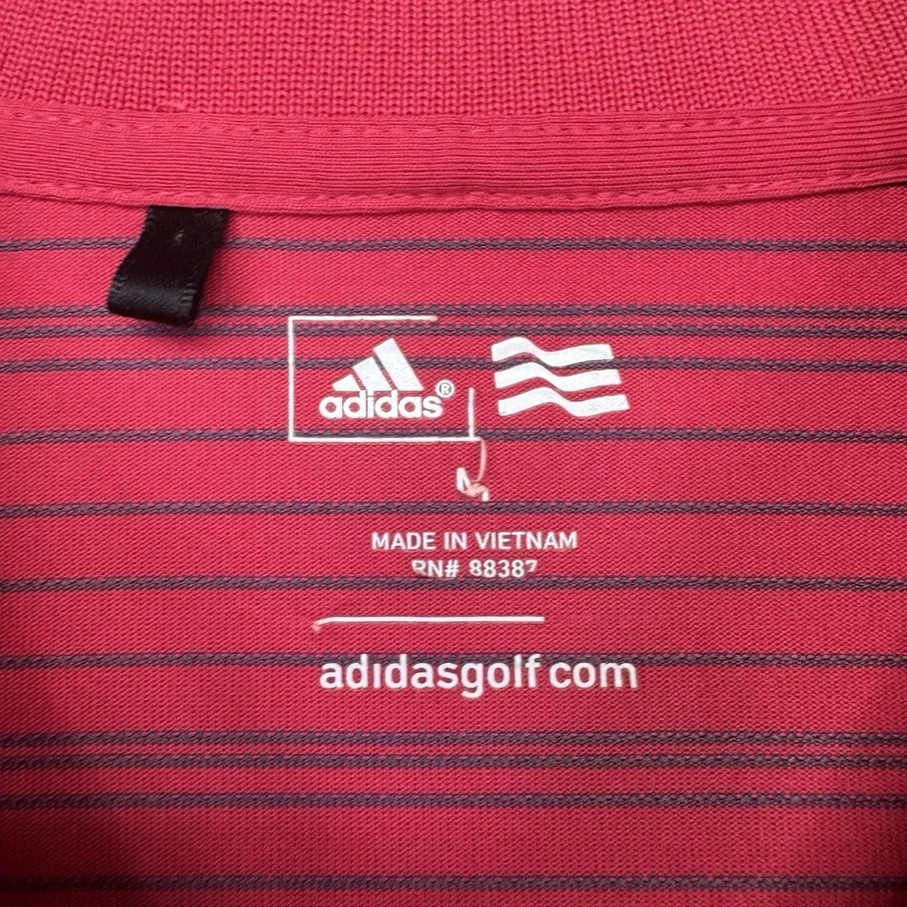 Adidas Golf Polo Shirt Men's Size Medium‎ Pink Blue Stripes Performance Stretch